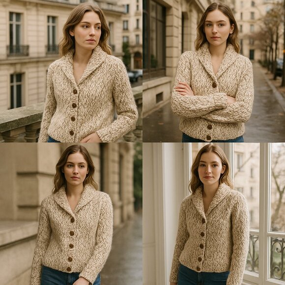 Vintage Handknit Chunky Wool Blend Cardigan — Cream & Chestnut Marled Yarn - Picture 1 of 13